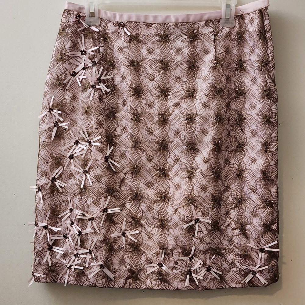 Etcetera10 Pink Pencil Skirt W/Metallic Overlay Elegant Event Artsy Sophisticate